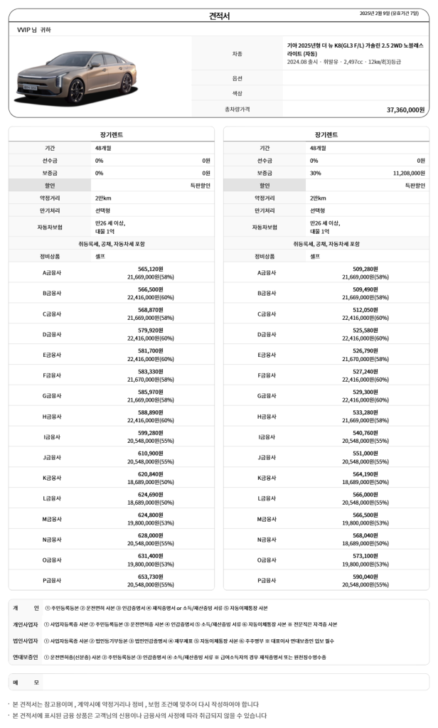 그랜저 K8 가솔린 2.5 장기렌트 견적 비교2