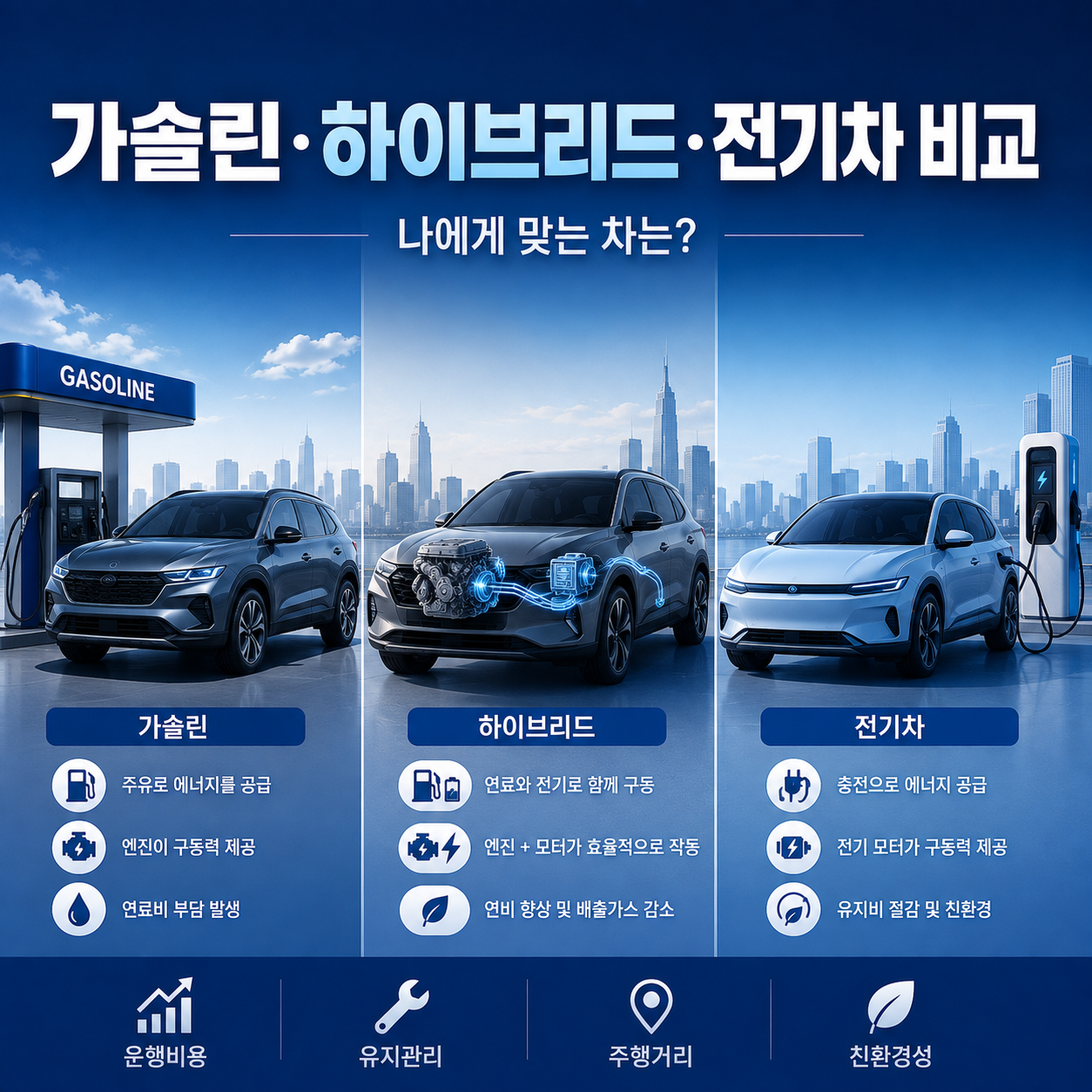 가솔린 하이브리드 전기차 비교
