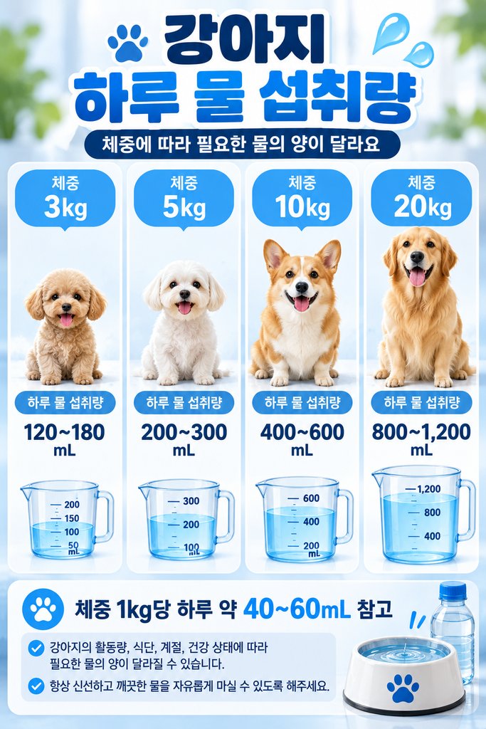강아지 체중별 하루 물 섭취량 안내